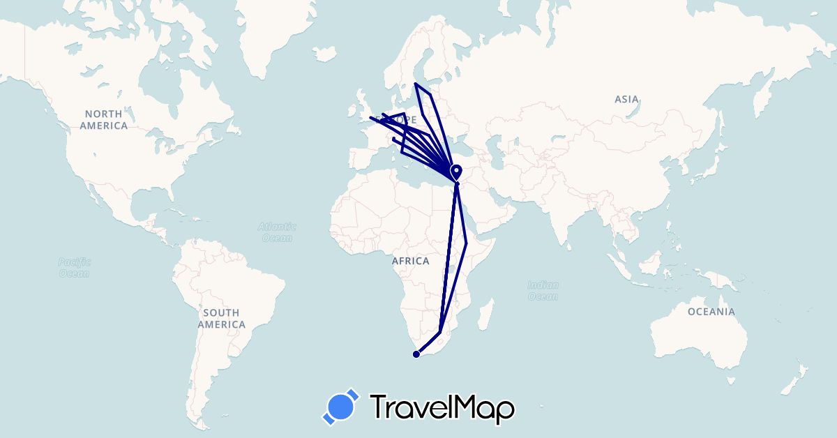TravelMap itinerary: driving in Belgium, Cyprus, Czech Republic, Germany, Ethiopia, United Kingdom, Greece, Hungary, Israel, Italy, Latvia, Netherlands, Poland, Palestinian Territories, Romania, Sweden, Slovakia, South Africa (Africa, Asia, Europe)